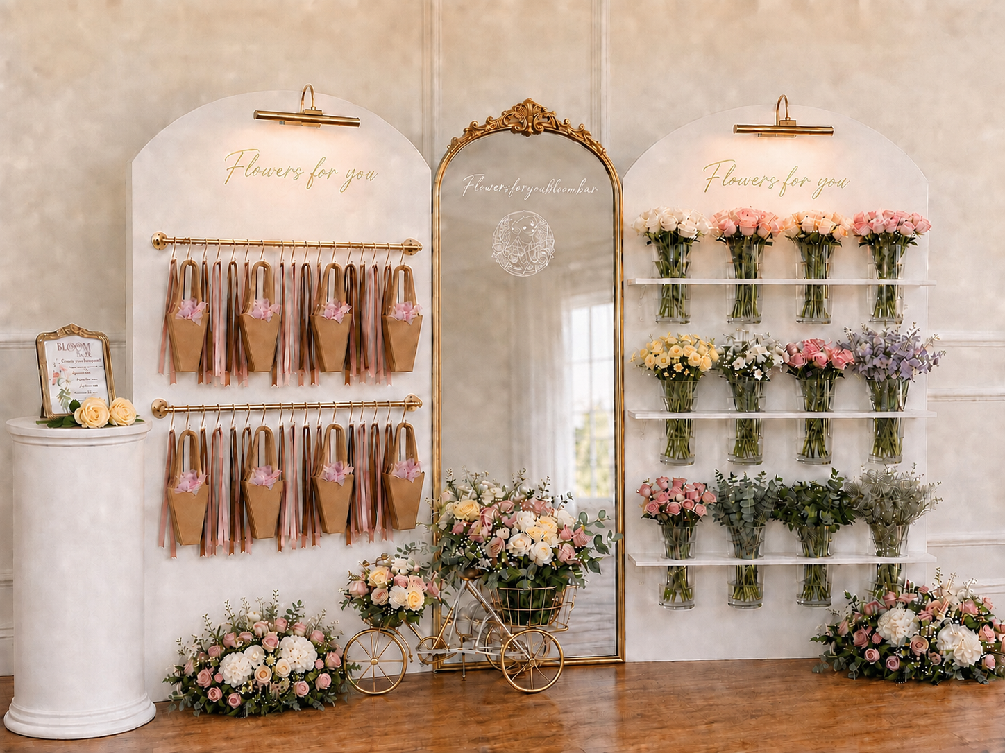 Flowers for You Bloom Bar display with bouquets in soft pink, peach, red and white